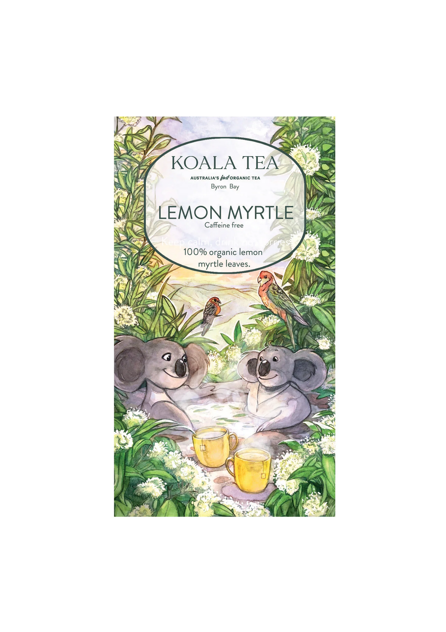Koala Tea Lemon Myrtle packaging with koalas and lemon myrtle leaves on a white background