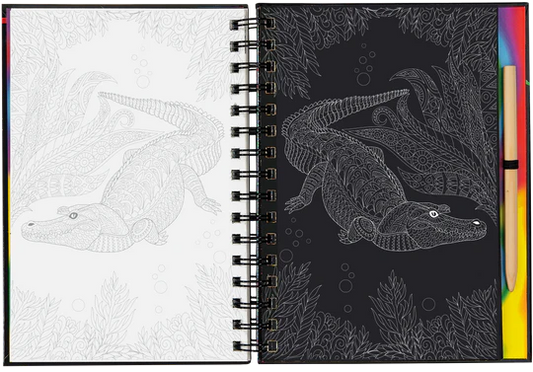 Coloring book with a crocodile design on a white page and black background