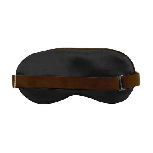 back view: black satin sleep mask with brown strap on a white background