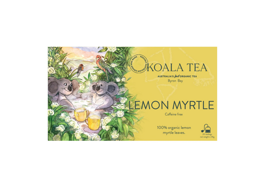 koala Tea Lemon Myrtle packaging with koalas and lemon myrtle leaves on a white background