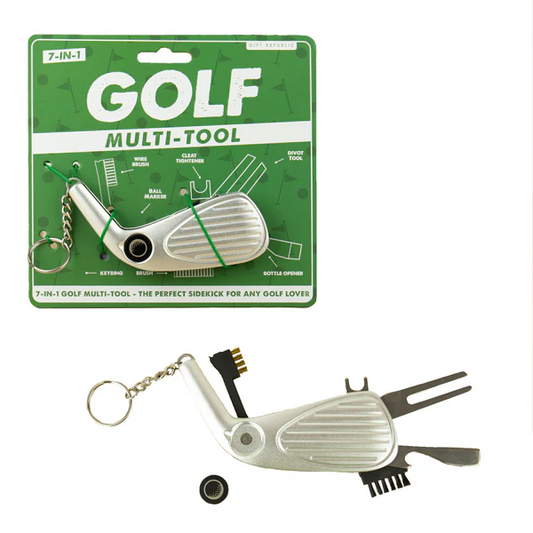 A 7-in-1 golf multi-tool keychain shown both in its green retail packaging and unfolded to show its various metal tools, including a clubhead shape, tee fork, brush, and screwdriver bit, on a plain white background.