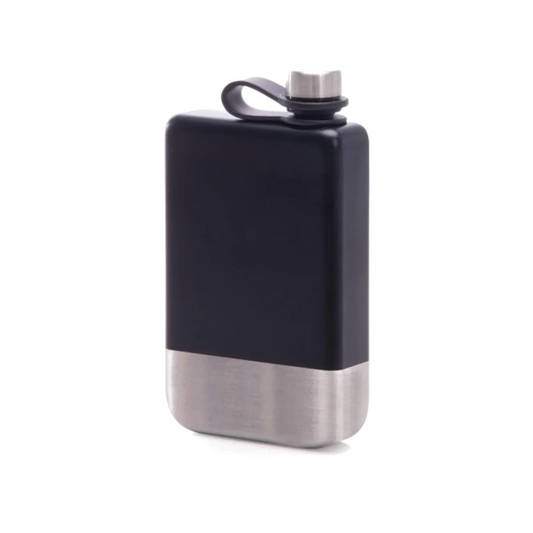 Black and silver flask on a white background