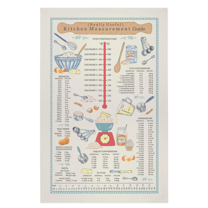 Kitchen measurement guide teatowel with illustrations and text on a white background