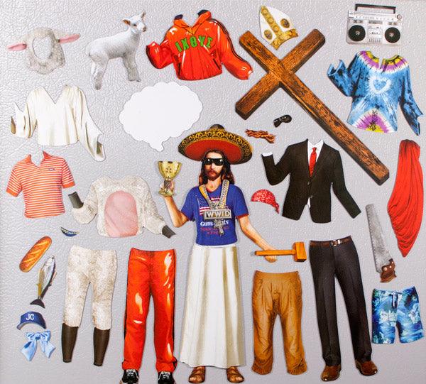 Collection of various magnetic clothing items, accessories, and props on a gray background.