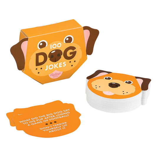 Box of '100 Dog Jokes' with a stack of cards on a white background