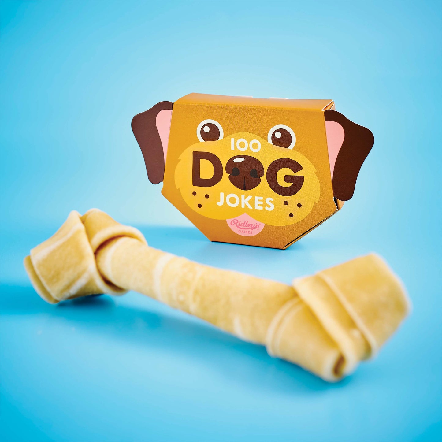 '100 Dog Jokes' with a dog-shaped cover and a bone-shaped toy on a blue background