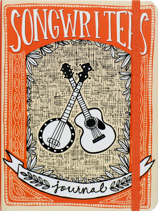An orange Journal for Songwriter's , image includes a banjo and guitar- Gizmo Gifts
