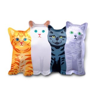 Four printed coloured kitten images on an ice pack with a white background.