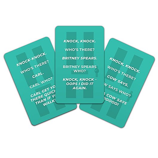 Three green cards from Knock Knock jokes deck on a white background - Gizmo Gifts