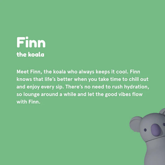 A green text box featuring a product description of "Finn"the koala character used on the bottle. The koala is peering from the bottom right hand corner.