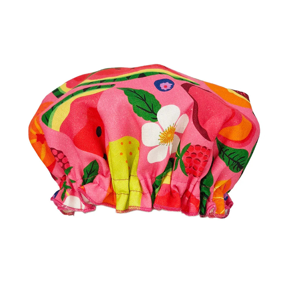 Annabel Trend's Tropicana design shower cap made of linen.