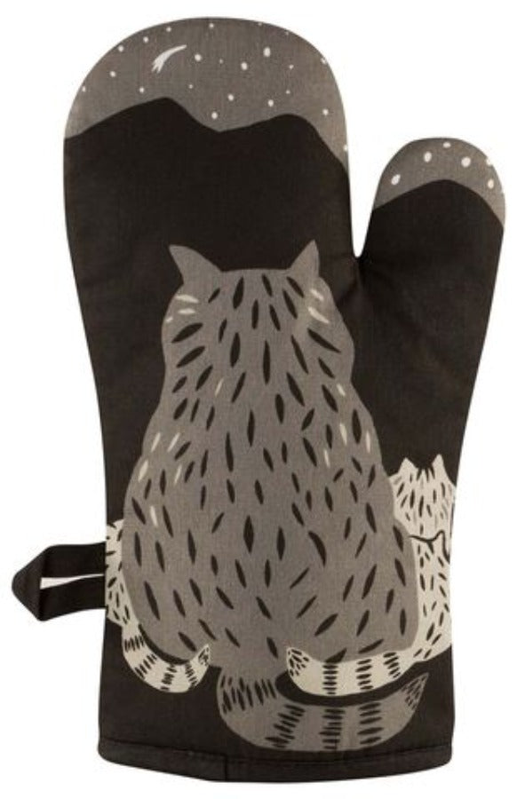 Back view of black oven mitt with backside of cartoon racoon. Design by BLUE Q