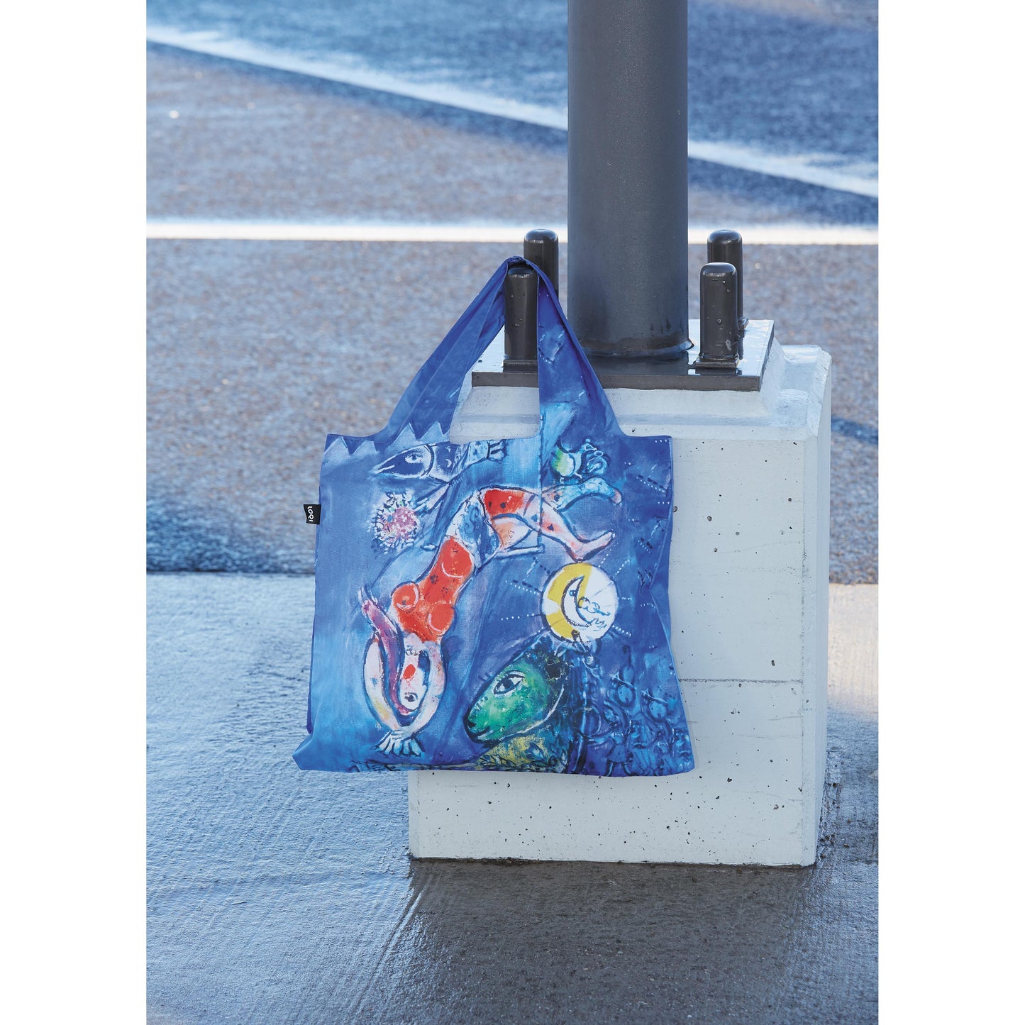Blue tote bag with fish design hanging on a pole by a sidewalk.