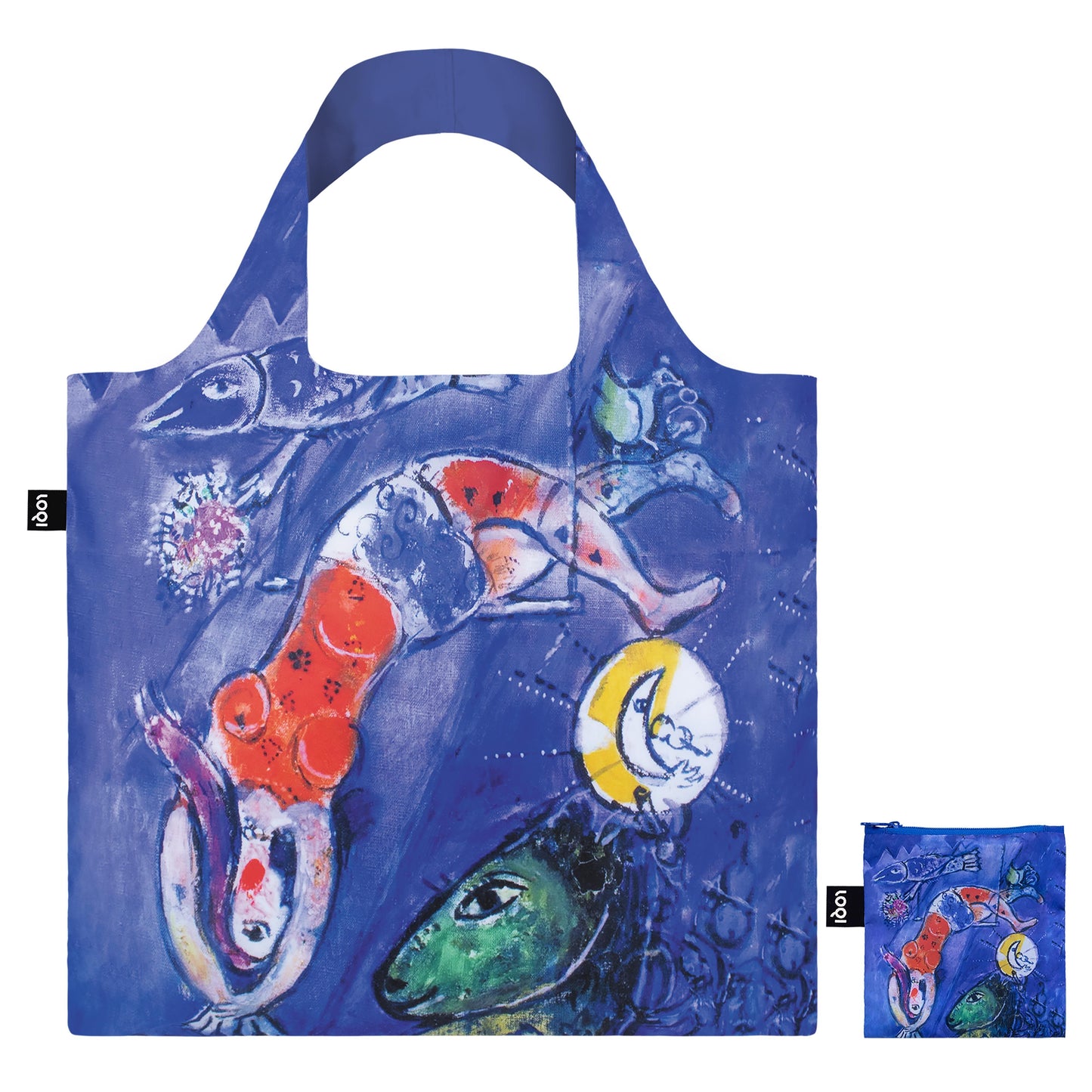 Colorful tote bag with artistic design by Marc Chagall, featuring the masterpiece "The blue Circus" on a white background