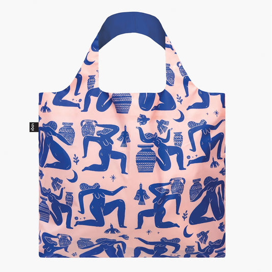 Reusable shopping bag with blue ancient Greek goddess design on a pink background