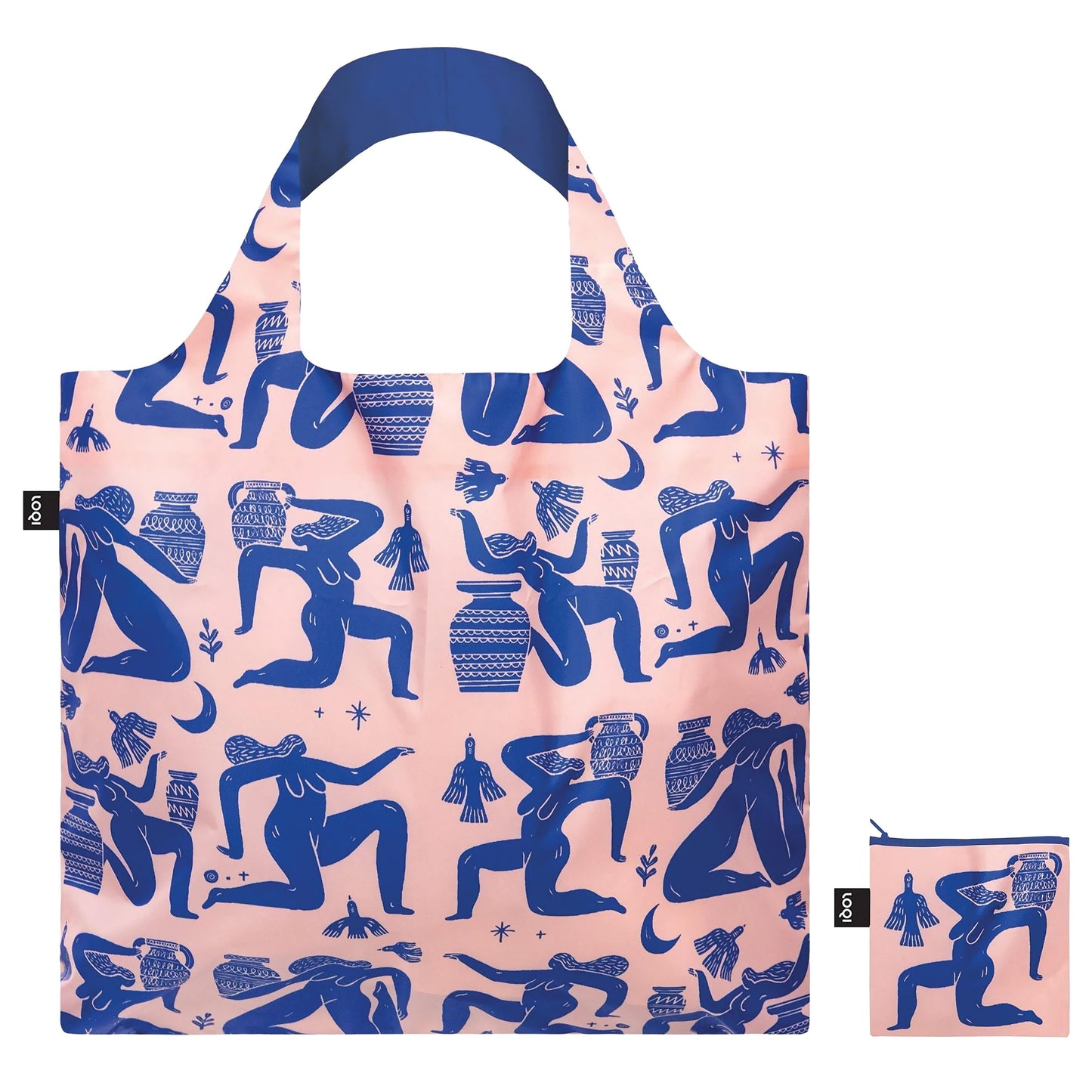 Reusable shopping bag with blue and pink design on a white background