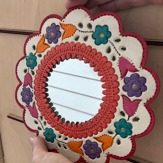 Mexican circular flower mirror with multicolour embossed detail 20cm - Gizmo Gifts