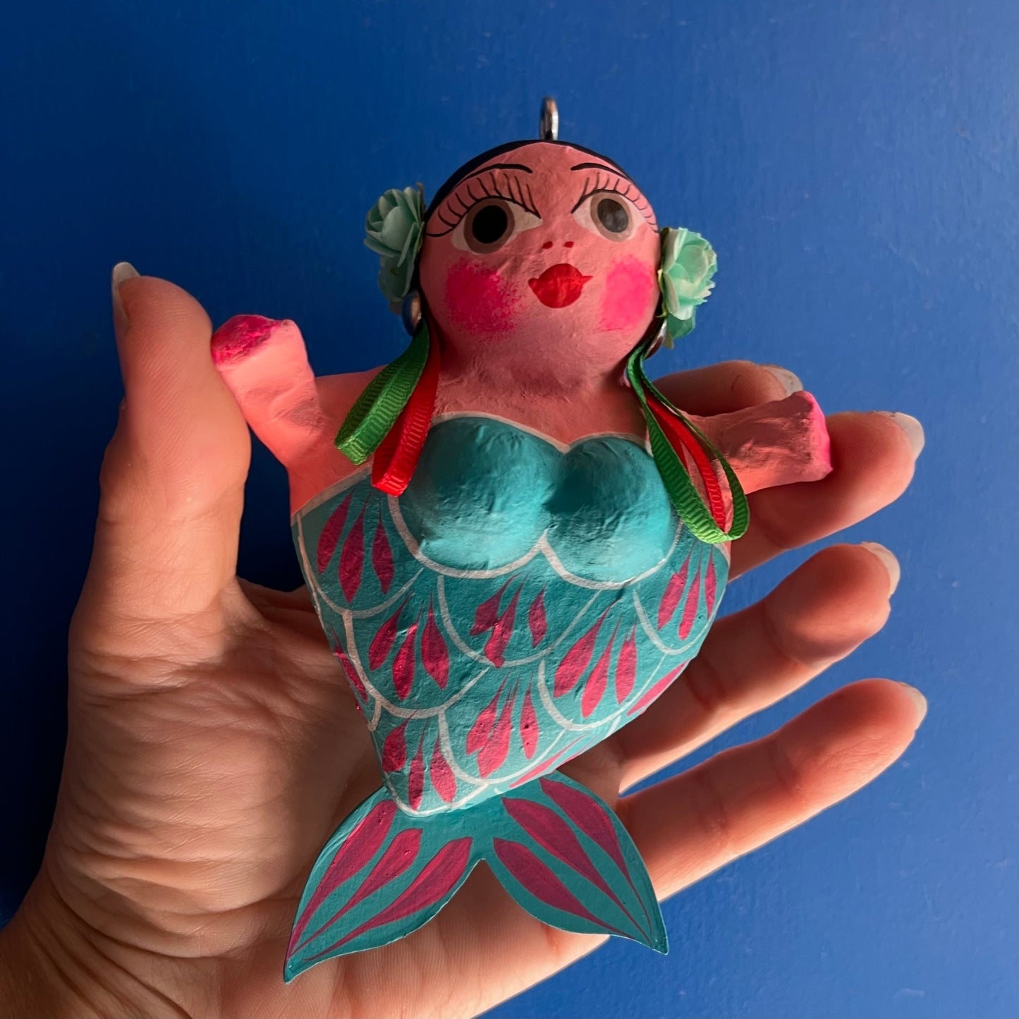 Mexican papermache hanging mermaid 15x10cm - Gizmo Gifts