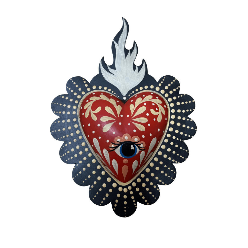 Mexican tin heart wall hanging - red with eye (20x14cm) - Gizmo Gifts
