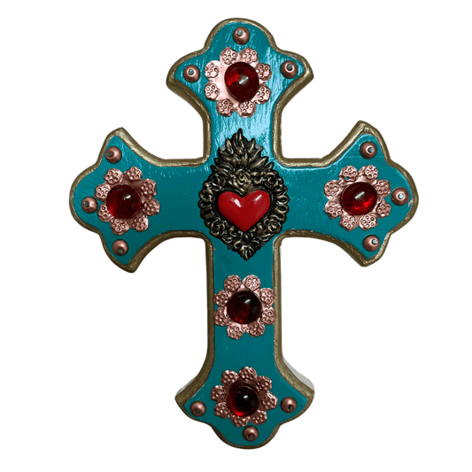 Mexican turquoise wooden cross with red stones - Gizmo Gifts