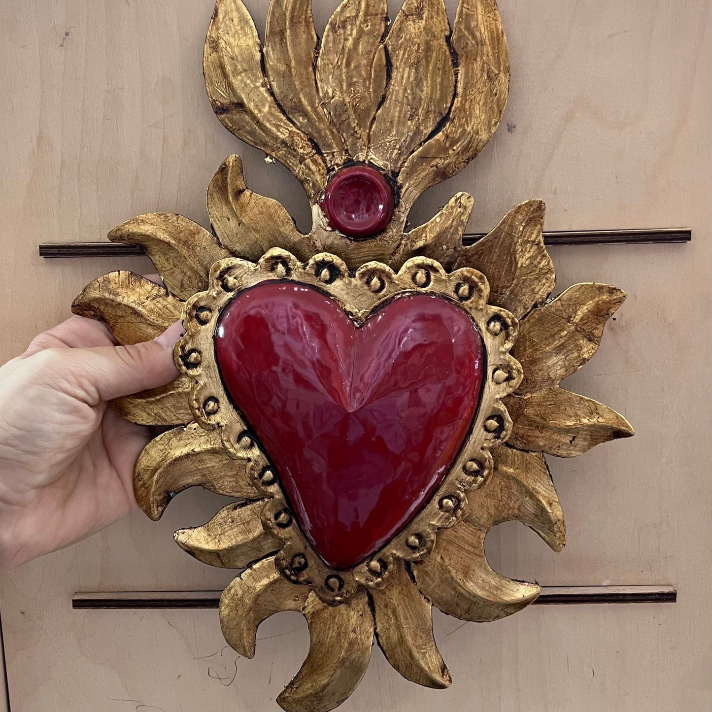 Mexican wall art - Red tin heart with gold flames - Gizmo Gifts