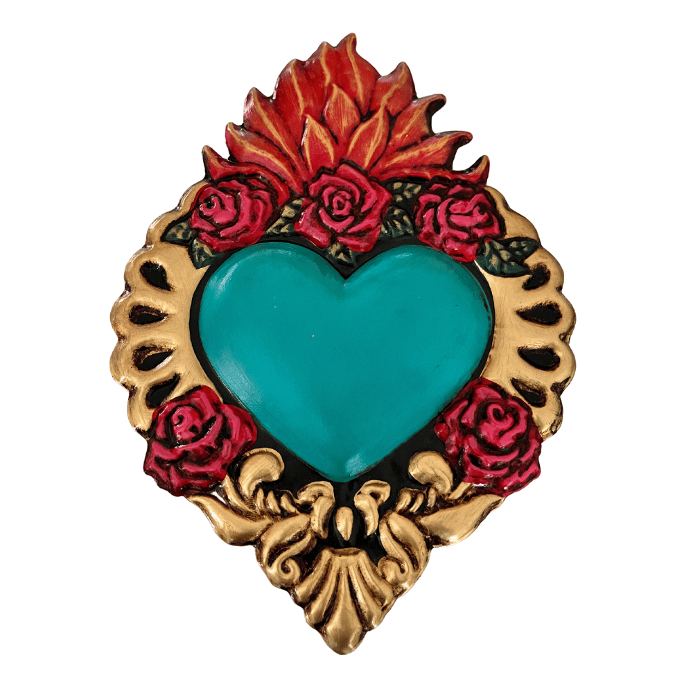 Mexican wall art - Tin embossed heart with painted roses (21x14cm) - Gizmo Gifts