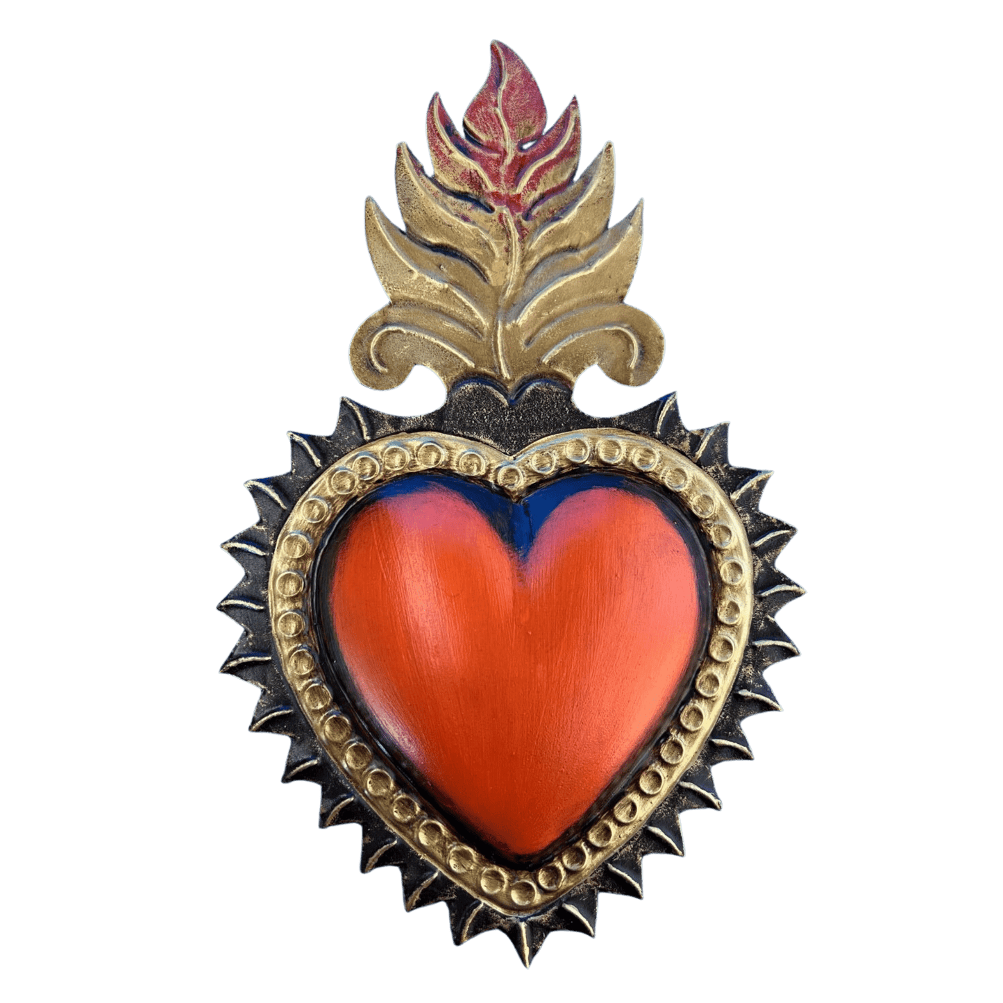 Mexican wall decoration - Orange burst heart with gold flame - Gizmo Gifts