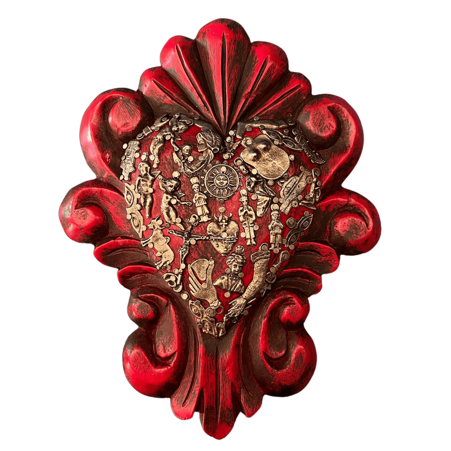 Mexican wall decoration - Wooden swirl carved heart with milagros charms - Gizmo Gifts