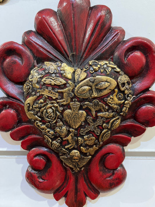 Mexican wall decoration - Wooden swirl carved heart with milagros charms - Gizmo Gifts