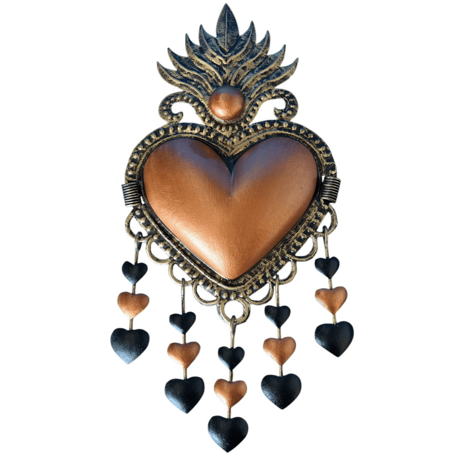 Mexican wall hanging - Peach tin heart with dangling small hearts - Gizmo Gifts