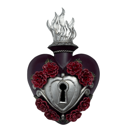 Mexican wall hanging - Tin heart with lock and flowers (26x16cm) - Gizmo Gifts
