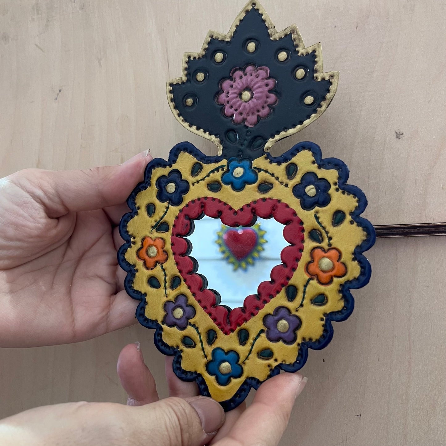 Mexican wall mirror - Tin heart embossed flowers and mirror - Gizmo Gifts