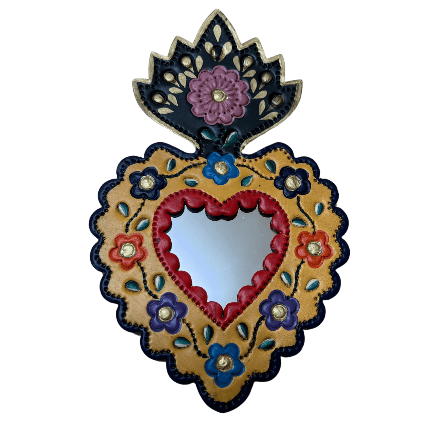 Mexican wall mirror - Tin heart embossed flowers and mirror - Gizmo Gifts