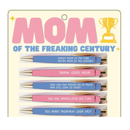 Mom pen set with witty slogans on a white background.