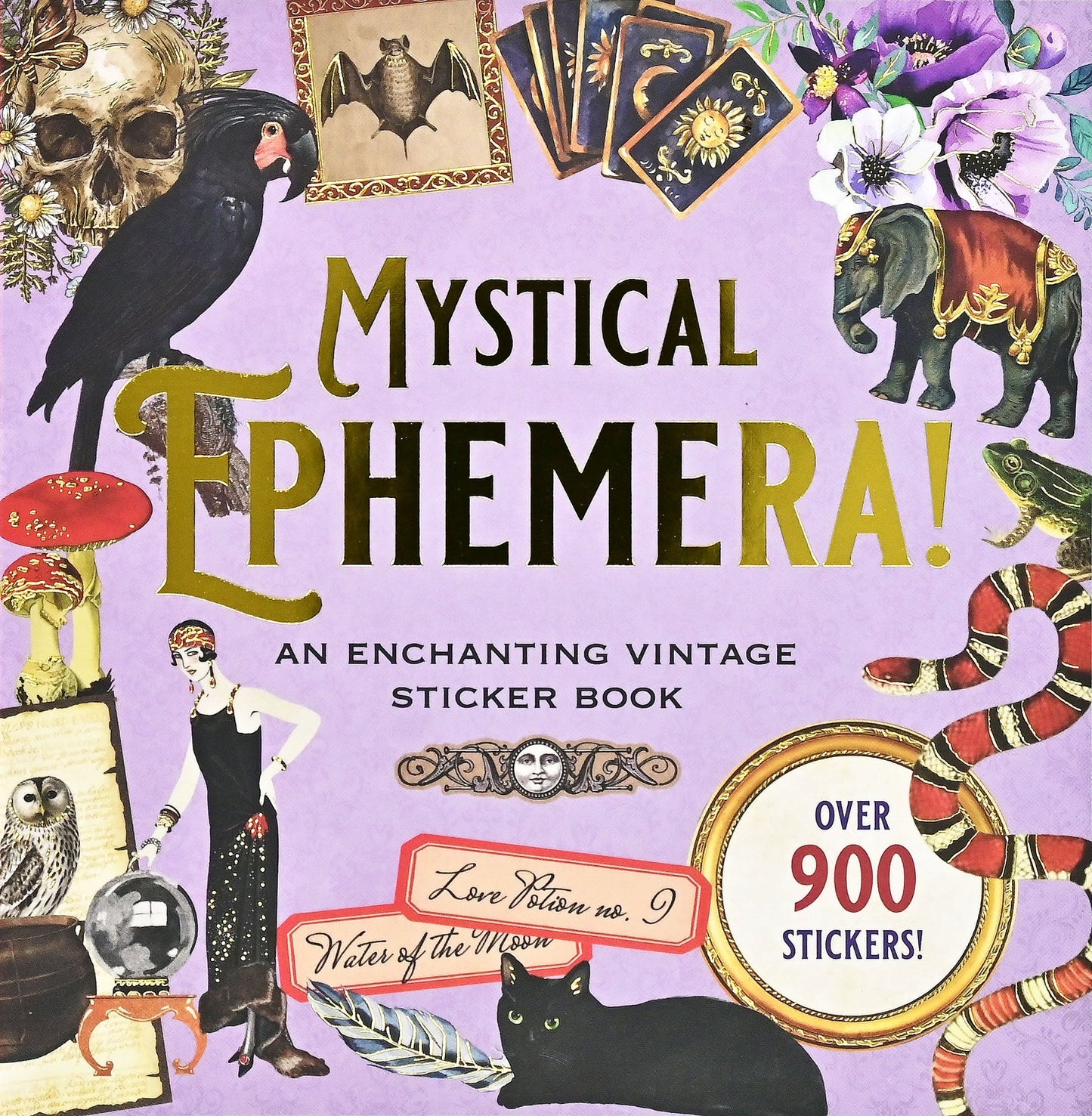 A mauve Mystical Ephemera sticker book, featuring 900 stickers.
