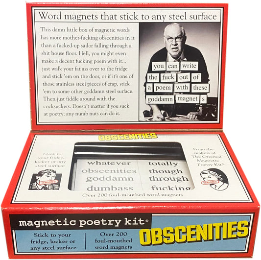 An opened magnetic poetry box with a diagram of a man and text and in the foreground there is magnetic tiles within a the window box.