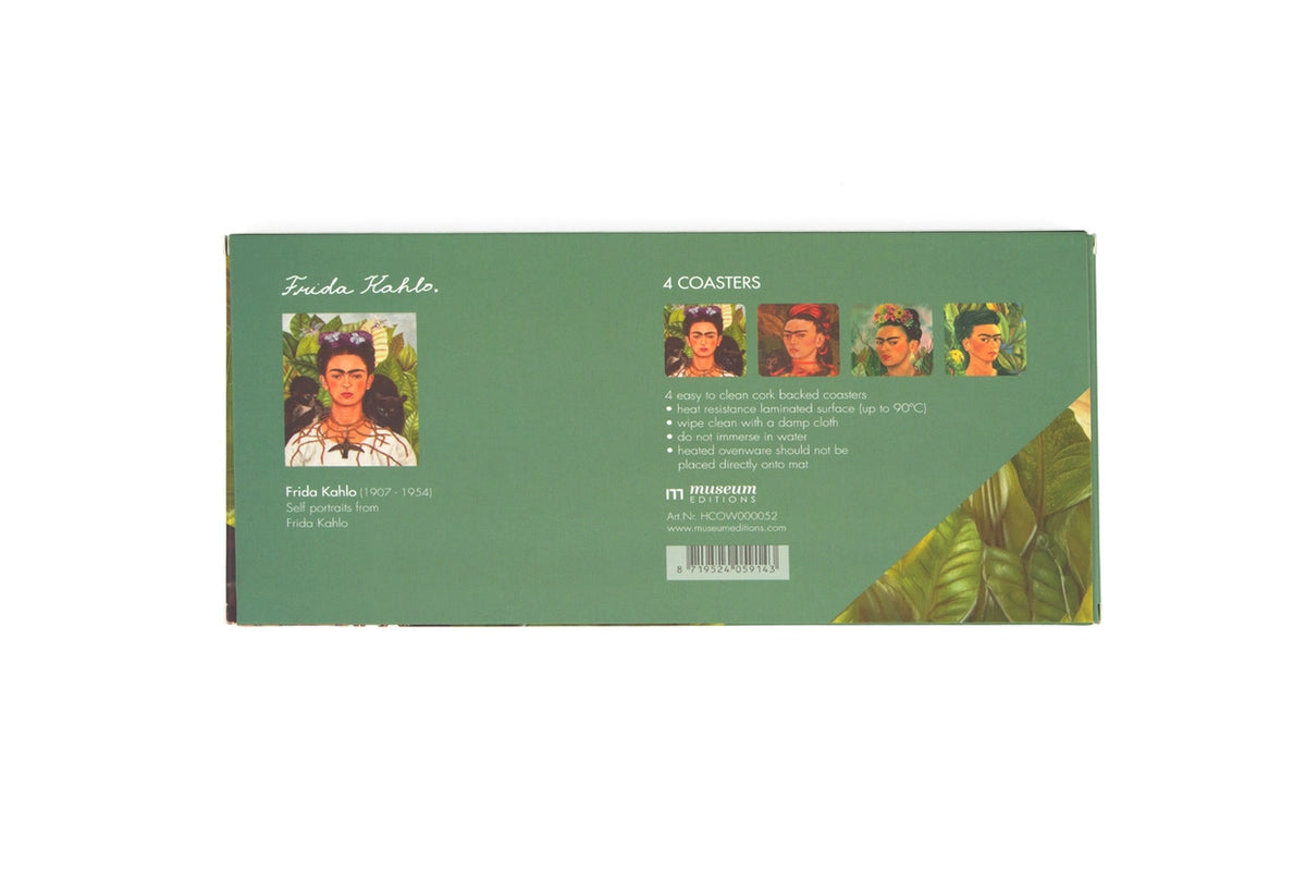The back view of the green box for the Frida Kahlo drink coasters. Diagram shows an image of the artist and the images of the contents of the box. The background is white.