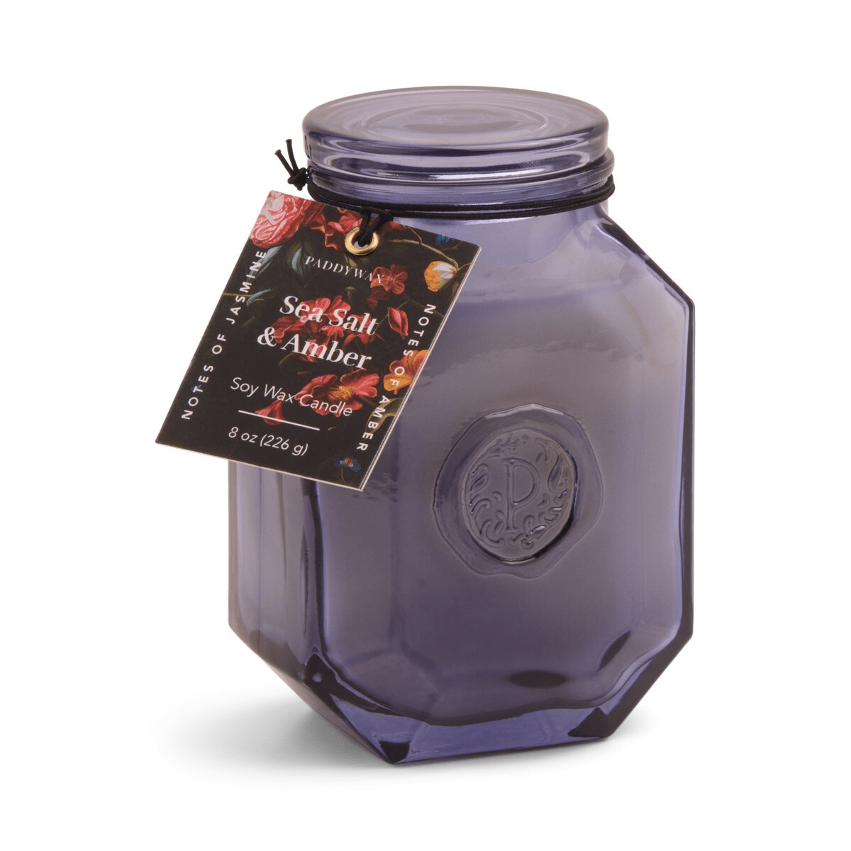 Paddywax Botanica candle - Sea salt and Amber 8oz displayed in a lavender coloured jar with lid and swing-tag- Gizmo Gifts