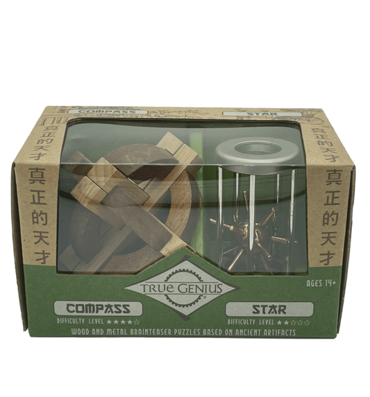 Project Genius - Compass and Star  wooden and metal mind teaser games- Gizmo Gifts