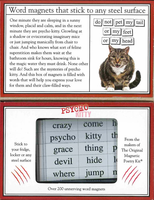 An opened box of magnetic poetry ith an image of a purring cat and text. The window box has an image of the magnet tiles.