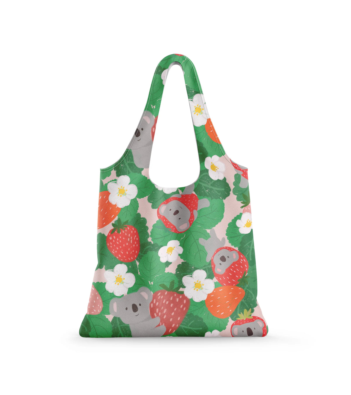 A green shopping bag featuring strawberries,koalas and flowers in green foliage. he background is white.