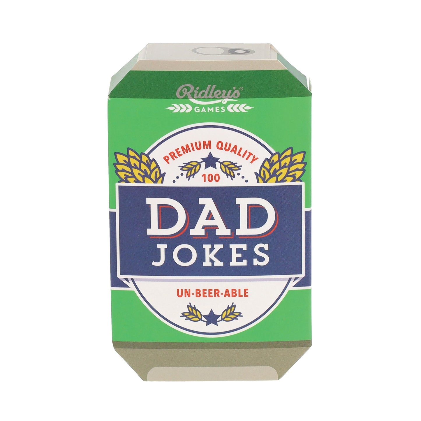 A green deck of cards containing Ridley's Dad Jokes , set on a white background.