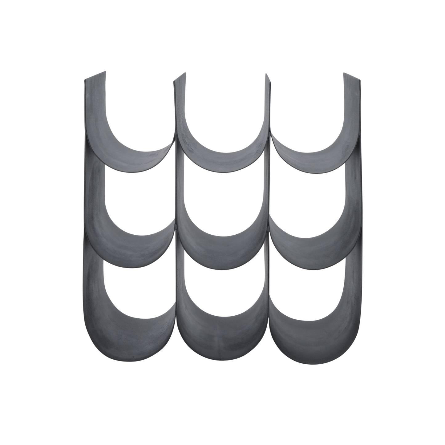 Black scalloped 9 bottle wine rack on a white background.