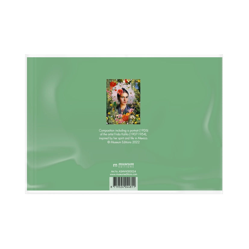 A green package with a small picture of Frida Kahlo, text and barcode. The background is white.