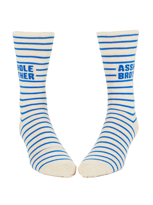 Pair of striped socks with blue text on a white background