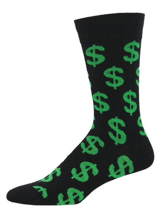 SOCKSMITH Men's socks - Cha Ching! -  Green dollar signs on black fabric. The background is white.Gizmo Gifts