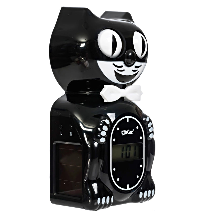 Black robot cat toy with a digital clock display on a white background