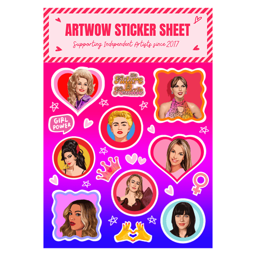 Sticker Sheet A5 - Female music icons art by Dolly Wolfe - Gizmo Gifts