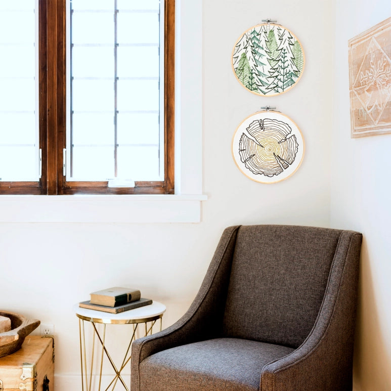 Embroidery DIY Craft kit- Tree rings lifestyle pic on the wall completed.
