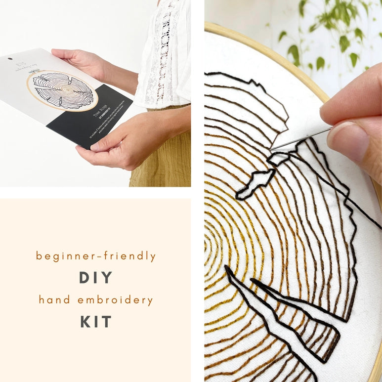 Embroidery DIY Craft kit- Tree rings being held by a person on the left and on the right is a closeup of a person stitching on the loom.